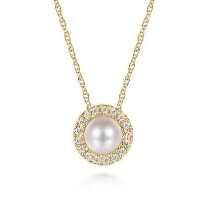 18 Inch 14K Yellow Gold Pearl and Diamond Halo Pendant Necklace — Gabriel & Co. NK7268Y45PL