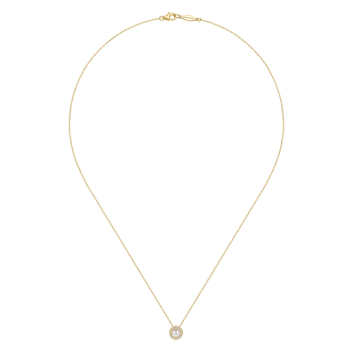 18 Inch 14K Yellow Gold Pearl and Diamond Halo Pendant Necklace — Gabriel & Co. NK7268Y45PL
