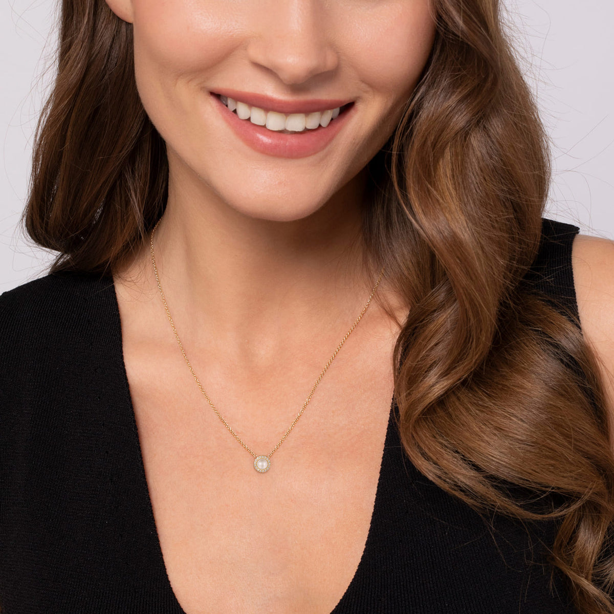 18 Inch 14K Yellow Gold Pearl and Diamond Halo Pendant Necklace — Gabriel & Co. NK7268Y45PL