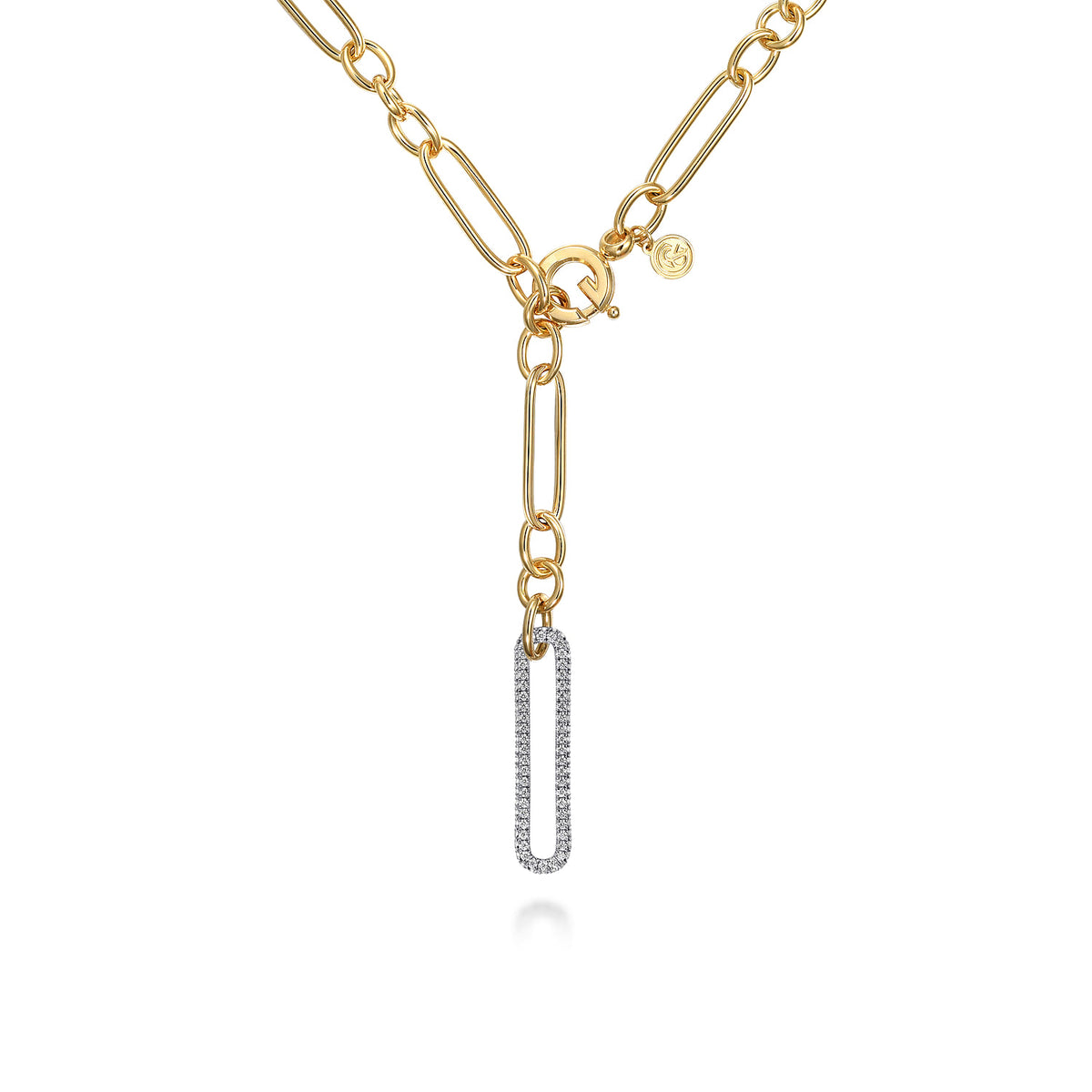 14K Yellow-White Y Chain Necklace with Diamond Drop — Gabriel & Co. NK7368-20M45JJ