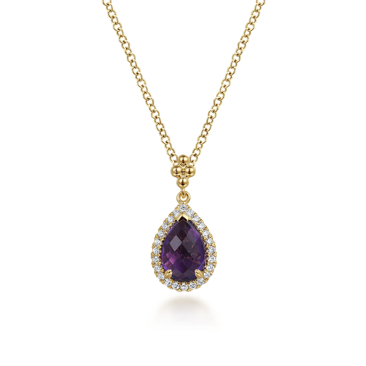 14K Yellow Gold Teardrop Amethyst with Diamond Halo Necklace — Gabriel & Co. NK7393Y45AM