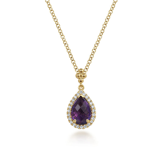 14K Yellow Gold Teardrop Amethyst with Diamond Halo Necklace — Gabriel & Co. NK7393Y45AM