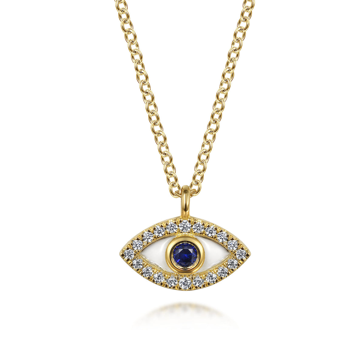 Pendant Necklace Evil Eye 14K Yellow Gold Diamond and Blue Sapphire White Enamel 0.08ct — Gabriel & Co. NK7438E9Y45SA