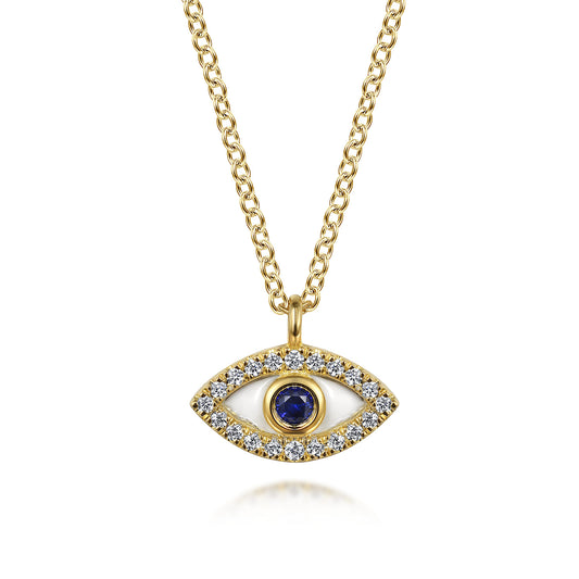 Pendant Necklace Evil Eye 14K Yellow Gold Diamond and Blue Sapphire White Enamel 0.08ct — Gabriel & Co. NK7438E9Y45SA