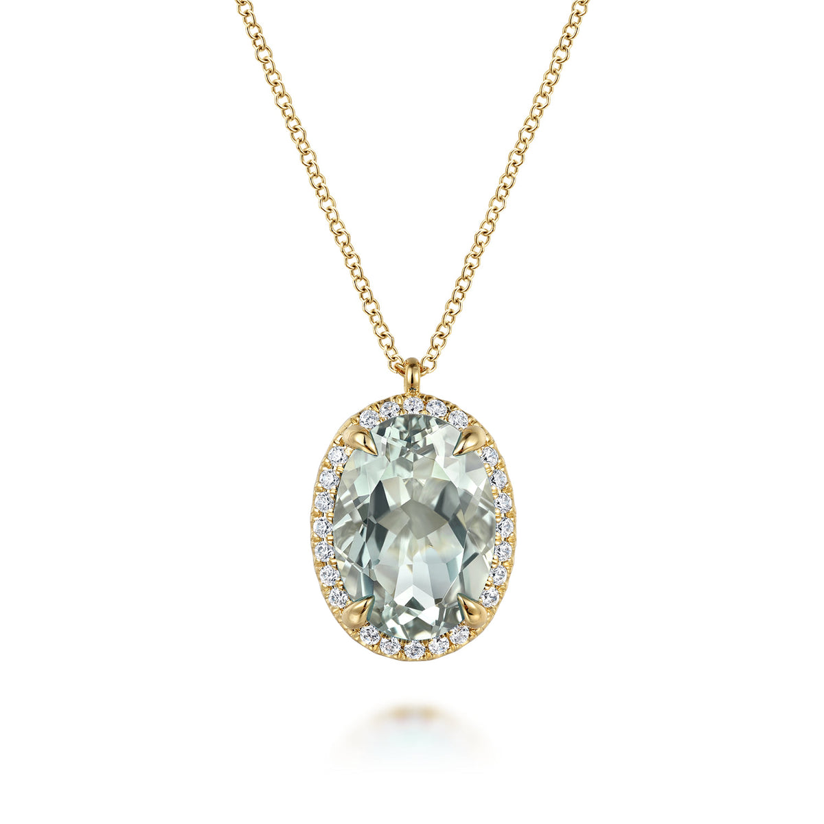 14K Yellow Gold Diamond and Oval Shape Green Amethyst Necklace with Flower Pattern J-Back — Gabriel & Co. NK7459Y45GA