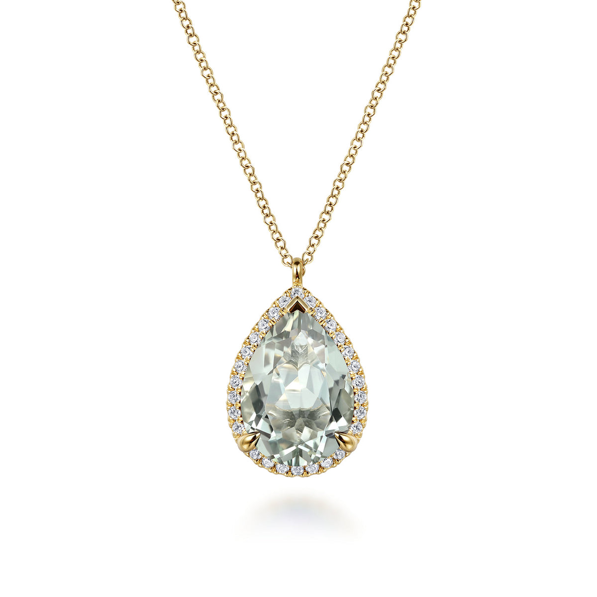 14K Yellow Gold Diamond and Flat Teardrop Green Amethyst Necklace with Flower Pattern J-Back — Gabriel & Co. NK7460Y45GA