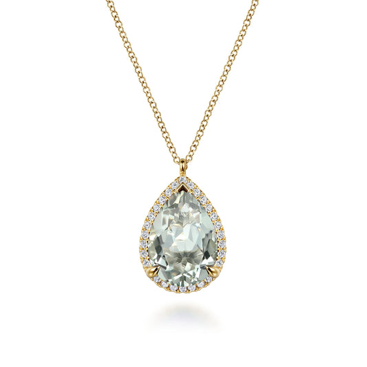 14K Yellow Gold Diamond and Flat Teardrop Green Amethyst Necklace with Flower Pattern J-Back — Gabriel & Co. NK7460Y45GA