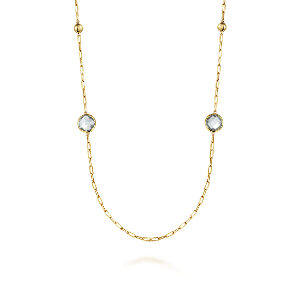 14K Yellow Gold Green Amethyst Round Shape Necklace with Four Stations ,Beads and Bezel Setting — Gabriel & Co. NK7465-32Y4JGA