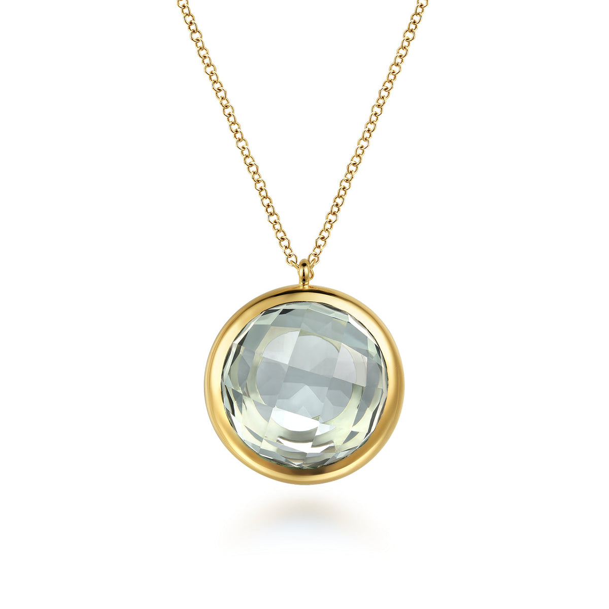 14K Yellow Gold Green Amethyst Round Shape Necklace with Flower Pattern J-Back — Gabriel & Co. NK7466Y4JGA