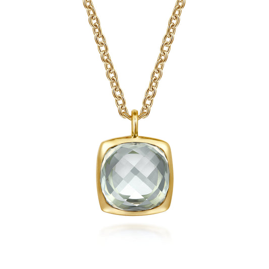 14K Yellow Gold Cushion Cut Green Amethyst Necklace with Flower Pattern J-Back and Bezel Setting — Gabriel & Co. NK7469Y4JGA