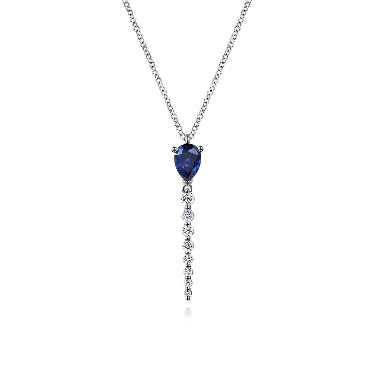 14K White Gold Graduating Diamonds and Blue Sapphire Pendant Drop Necklace — Gabriel & Co. NK7738W45SA