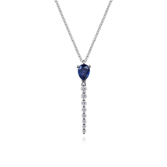 14K White Gold Graduating Diamonds and Blue Sapphire Pendant Drop Necklace — Gabriel & Co. NK7738W45SA