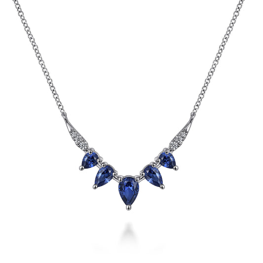 14K White Gold Diamond and Pear Blue Sapphire Chevron Bar Necklace — Gabriel & Co. NK7739W45SA