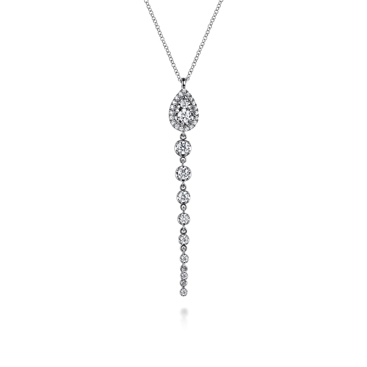 14K White Gold Graduating Diamond Pendant Drop Necklace — Gabriel & Co. NK7774W45JJ