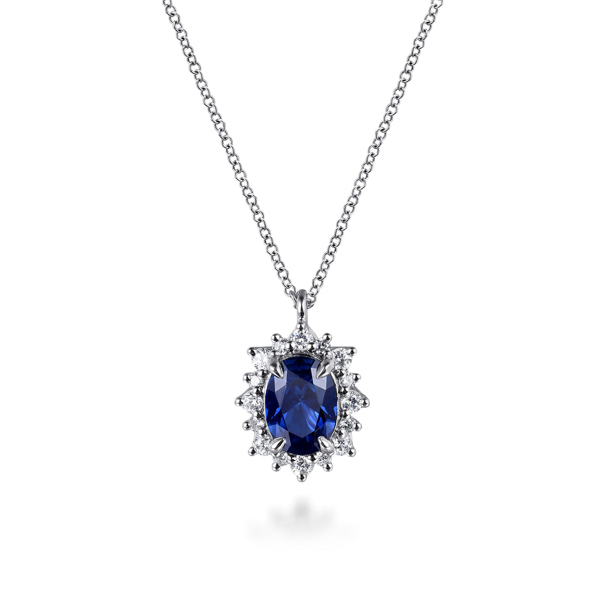 14K White Gold Diamond Halo and Oval Sapphire Classic Pendant Necklace — Gabriel & Co. NK7862W45SA