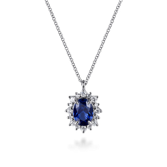 14K White Gold Diamond Halo and Oval Sapphire Classic Pendant Necklace — Gabriel & Co. NK7862W45SA