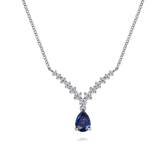 14K White Gold Diamond and Pear Sapphire Chervon Necklace — Gabriel & Co. NK7864W45SA