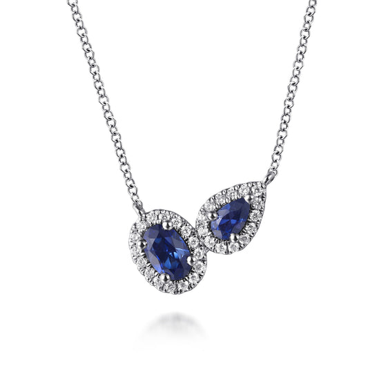 14K White Gold Toi et Moi Sapphire and Diamond Halo Necklace — Gabriel & Co. NK7867W45SA