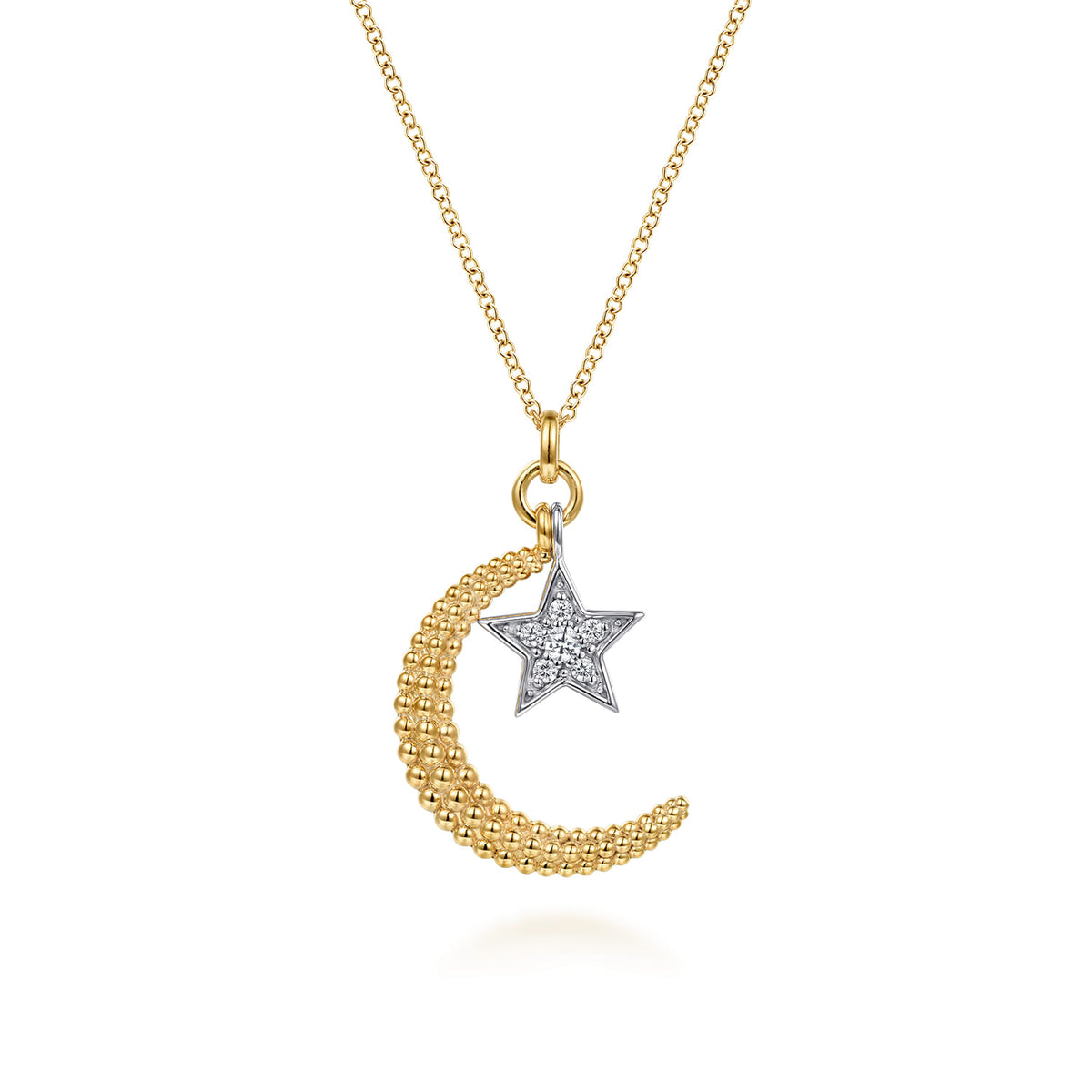 14K White & Yellow Gold Bujukan Moon and Diamond Star Pendant Necklace — Gabriel & Co. NK7990M45JJ