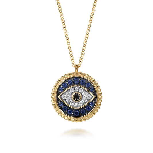 14K Yellow Gold Bujukan Diamond Blue Sapphire and Black Spinel Evil Eye Pendant Necklace — Gabriel & Co. NK8093Y45MC