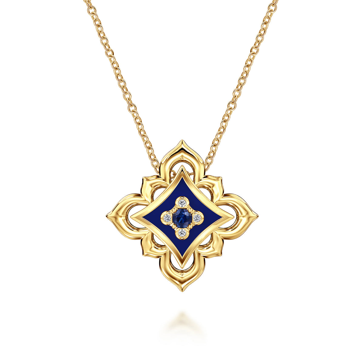 18K Yellow Gold Diamond and Blue Sapphire Floral Pendant Necklace with Chrome Blue Enamel — Gabriel & Co. NK8109ELY84SA