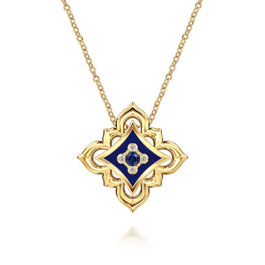 18K Yellow Gold Diamond and Blue Sapphire Floral Pendant Necklace with Chrome Blue Enamel — Gabriel & Co. NK8109ELY84SA
