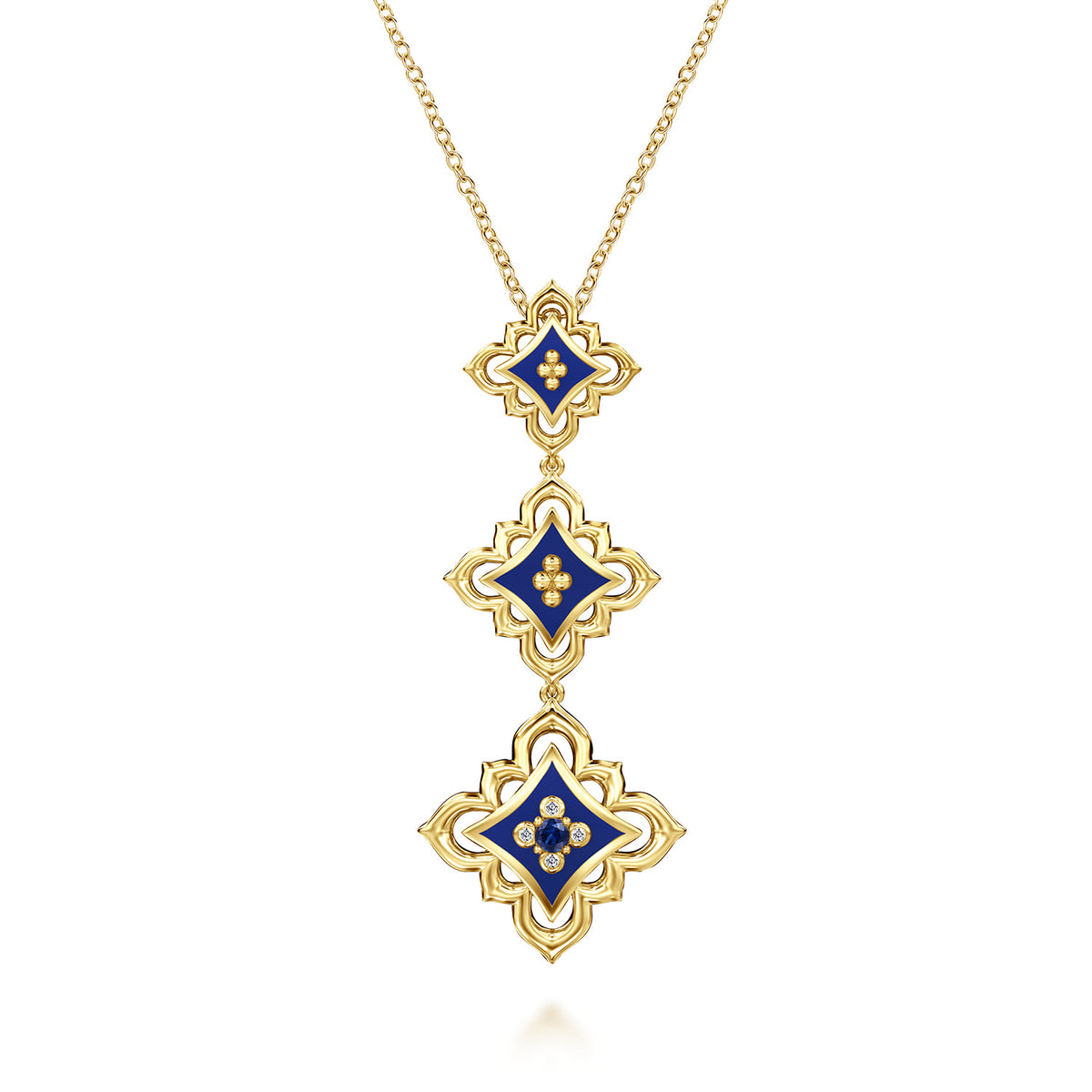 18K Yellow Gold Diamond and Blue Sapphire Beaded Floral Drop Necklace with Chrome Blue Enamel — Gabriel & Co. NK8110ELY84SA