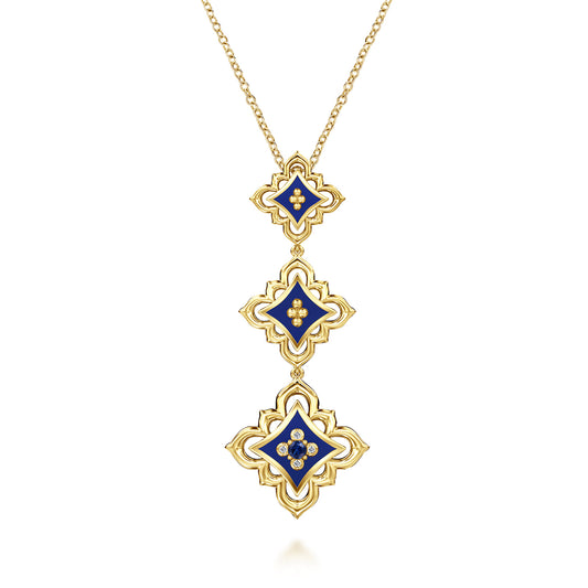 18K Yellow Gold Diamond and Blue Sapphire Beaded Floral Drop Necklace with Chrome Blue Enamel — Gabriel & Co. NK8110ELY84SA