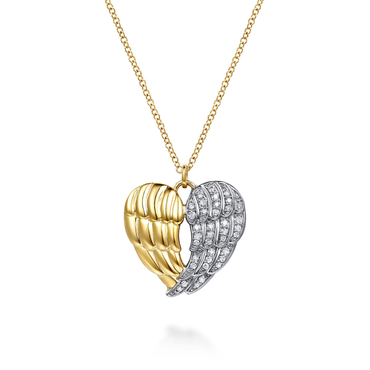14K White & Yellow Gold Diamond Heart Angel Wing Pendant Necklace — Gabriel & Co. NK8120M45JJ