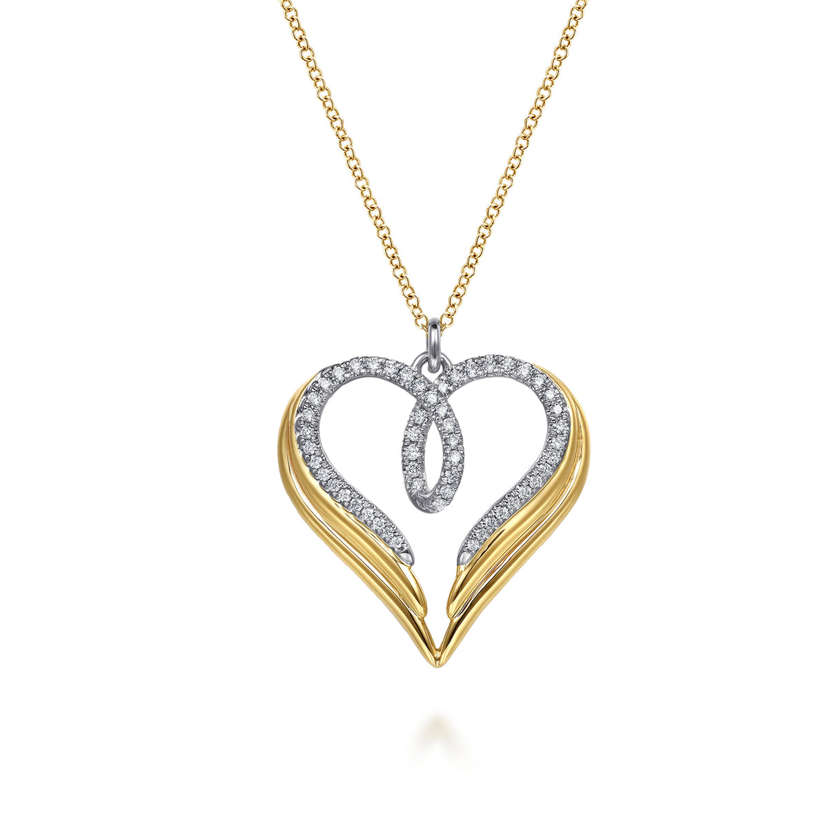 14K White & Yellow Gold Diamond Heart Angel Wing Pendant Necklace — Gabriel & Co. NK8122M45JJ