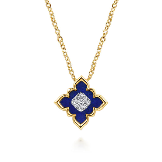 18K White & Yellow Gold Diamond and Lapis Floral Pendant Necklace — Gabriel & Co. NK8155M84LP