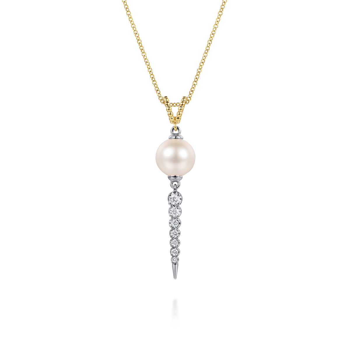 14K White&Yellow Gold Bujukan Diamond and Pearl Spike Pendant Drop Necklace — Gabriel & Co. NK8192M45PL