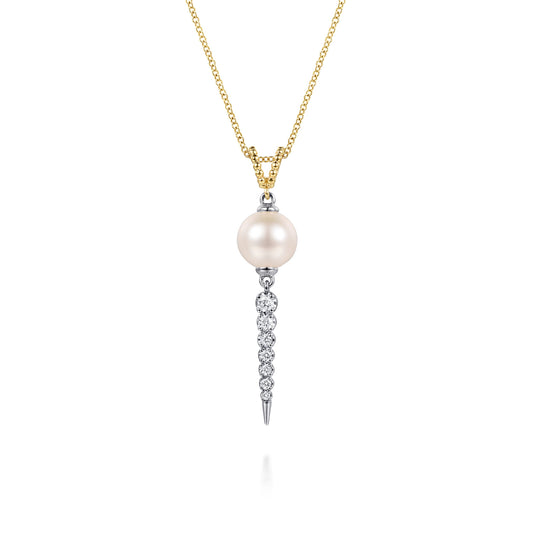 14K White&Yellow Gold Bujukan Diamond and Pearl Spike Pendant Drop Necklace — Gabriel & Co. NK8192M45PL
