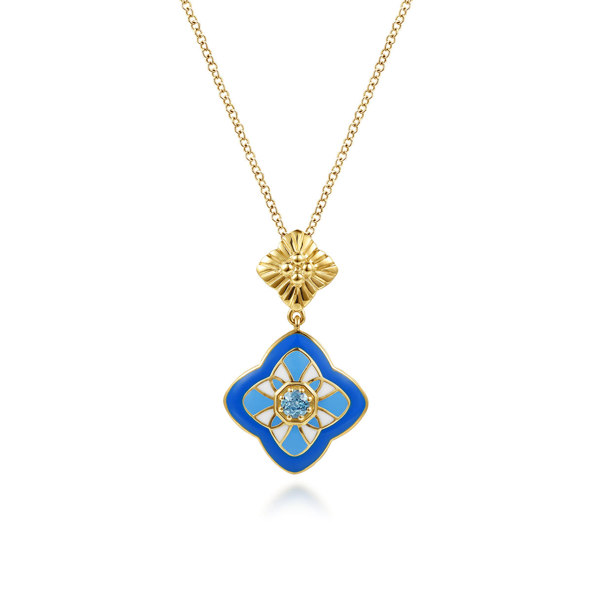 14K Yellow Gold Bujukan Blue Topaz Clover Pendant Drop Necklace with Blue, Dusk Blue and White Enamel — Gabriel & Co. NK8201EMY4JBT