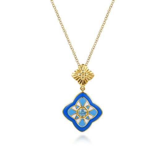 14K Yellow Gold Bujukan Blue Topaz Clover Pendant Drop Necklace with Blue, Dusk Blue and White Enamel — Gabriel & Co. NK8201EMY4JBT