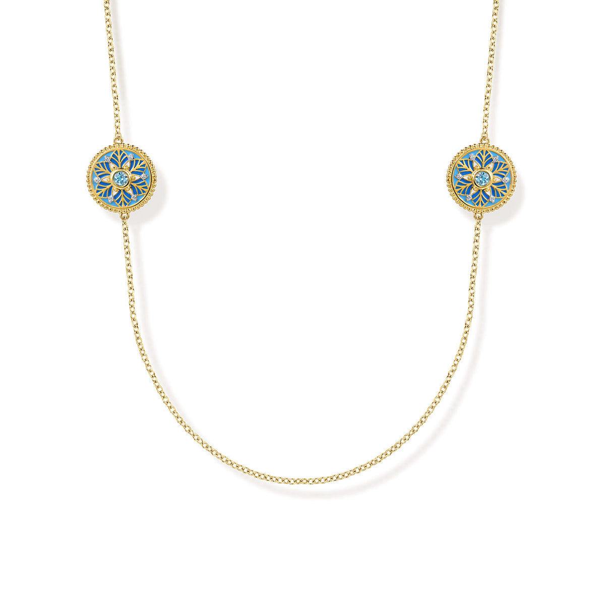 14K Yellow Gold Bujukan Diamond and Blue Topaz Station Necklace with Blue and Dust Blue and White Enamel — Gabriel & Co. NK8205EMY45BT