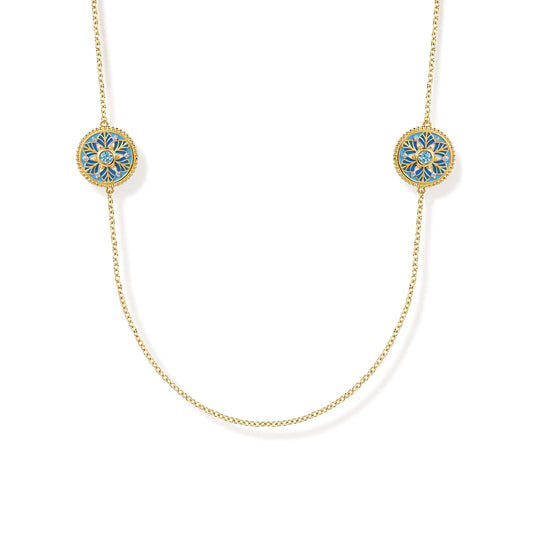 14K Yellow Gold Bujukan Diamond and Blue Topaz Station Necklace with Blue and Dust Blue and White Enamel — Gabriel & Co. NK8205EMY45BT