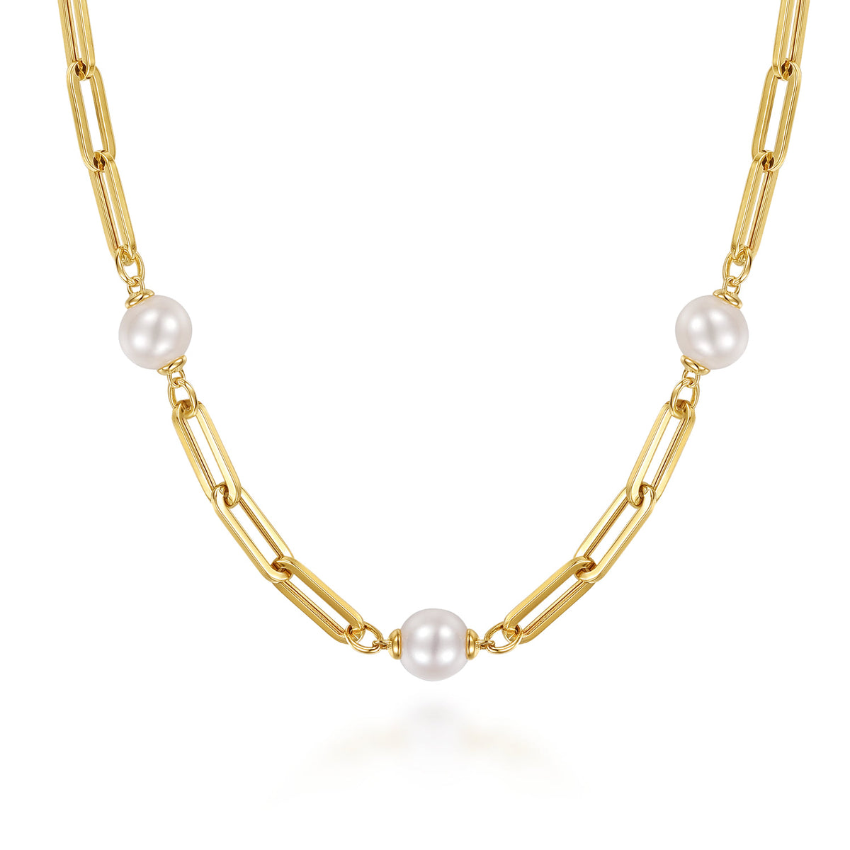 14K Yellow Gold Pearl and Hollow Link Station Chain Necklace — Gabriel & Co. NK8252Y4JPL