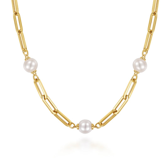 14K Yellow Gold Pearl and Hollow Link Station Chain Necklace — Gabriel & Co. NK8252Y4JPL