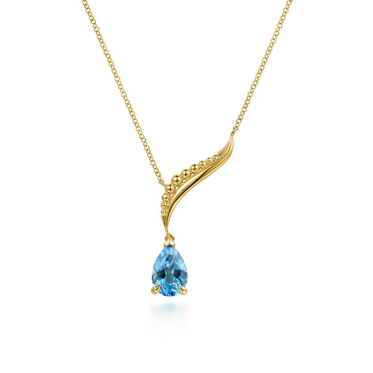 14K Yellow Gold Graduating Bujukan Pear Blue Topaz Y Necklace — Gabriel & Co. NK8270Y4JBT