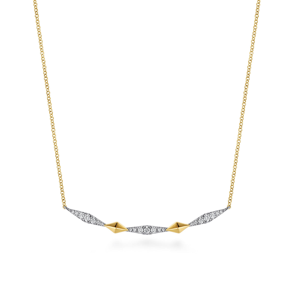 14K White and Yellow Gold Graduating Diamond Rhombus Shape Curved Bar Necklace — Gabriel & Co. NK8296M45JJ