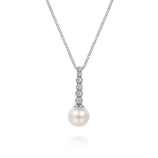 14K White Gold Graduating Diamond and Pearl Drop Necklace — Gabriel & Co. NK8304W45PL