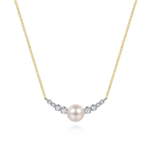14K White and Yellow Gold Graduating Diamond and Pearl Bar Necklace — Gabriel & Co. NK8305M45PL