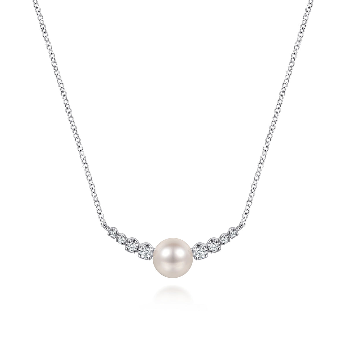 14K White Gold Graduating Diamond and Pearl Bar Necklace — Gabriel & Co. NK8305W45PL