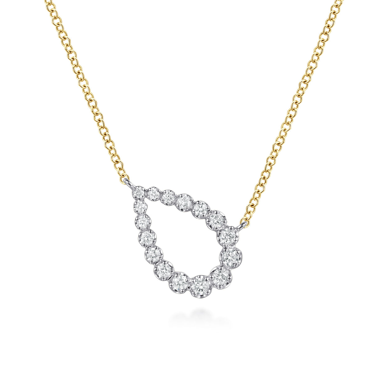 14K White and Yellow Gold Graduating Diamond Pear Shape Pendant Necklace — Gabriel & Co. NK8307M45JJ