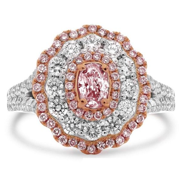 Three row Halo Pink Diamond Two Tone Ring — view 1