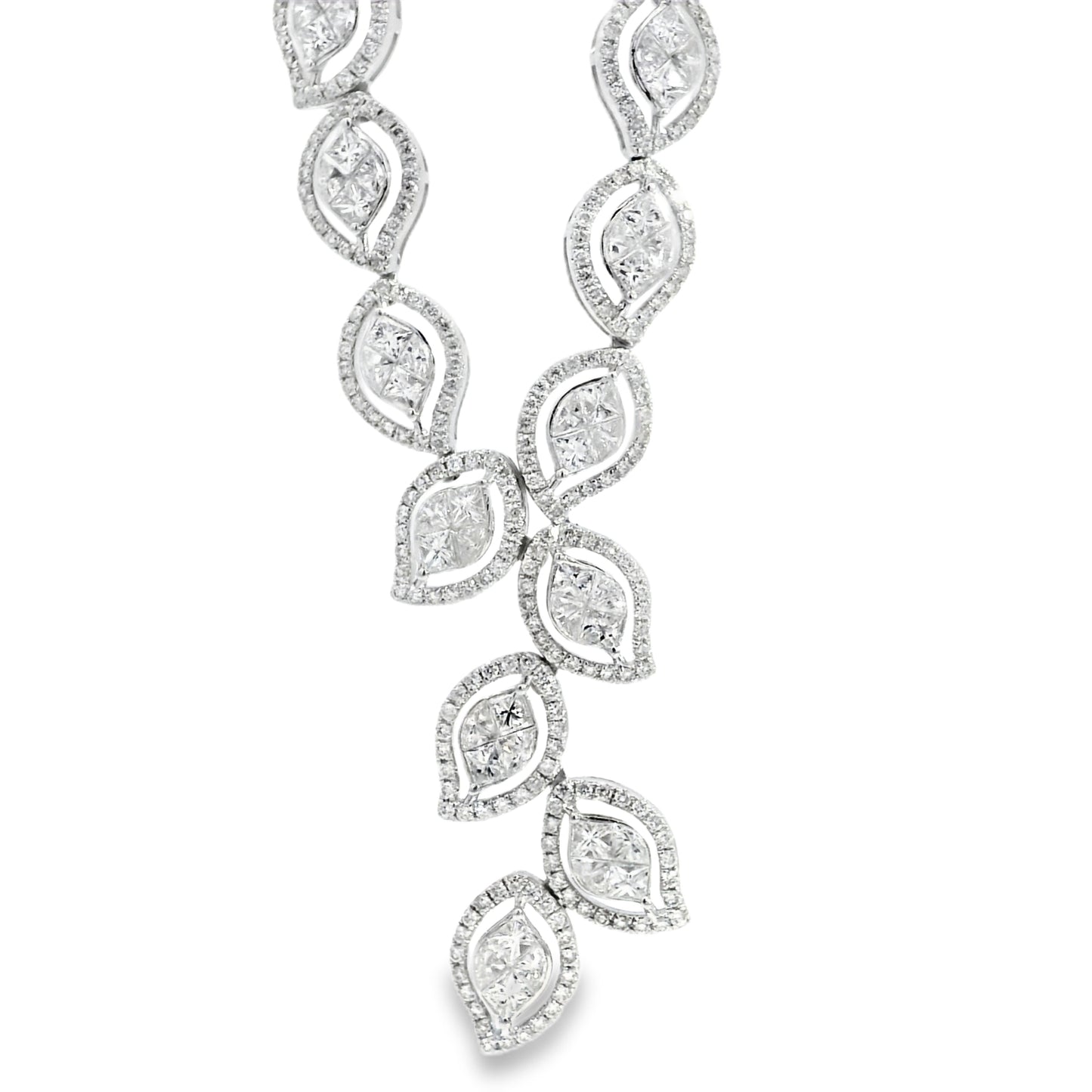 18k White Gold 13.04ctw Natural Mixed Cut Diamond Set Leaf Drop Necklace