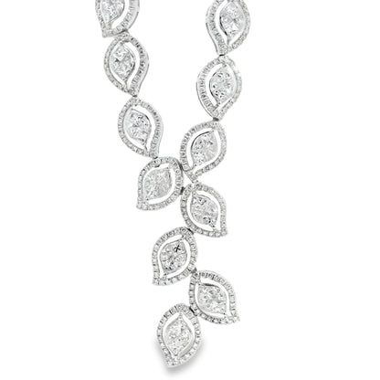 18k White Gold 13.04ctw Natural Mixed Cut Diamond Set Leaf Drop Necklace