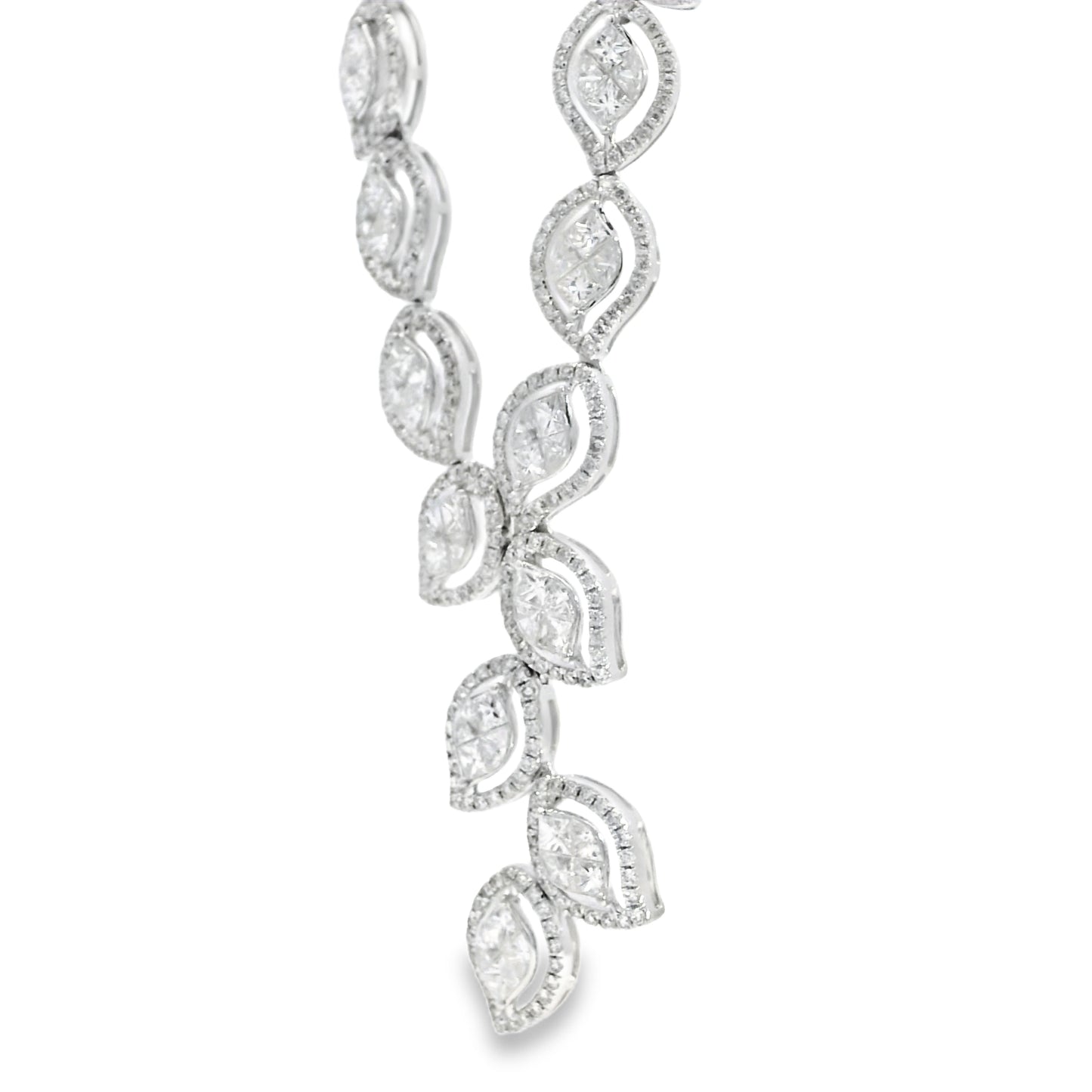 18k White Gold 13.04ctw Natural Mixed Cut Diamond Set Leaf Drop Necklace