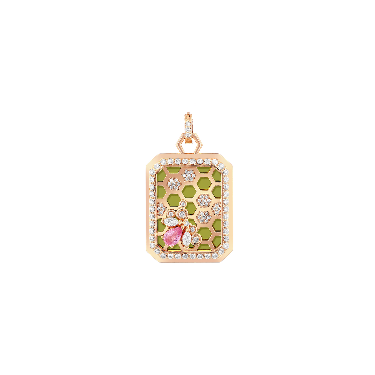 Bee Goddess Honeycomb Gold Pink Sapphire Diamond Pendant